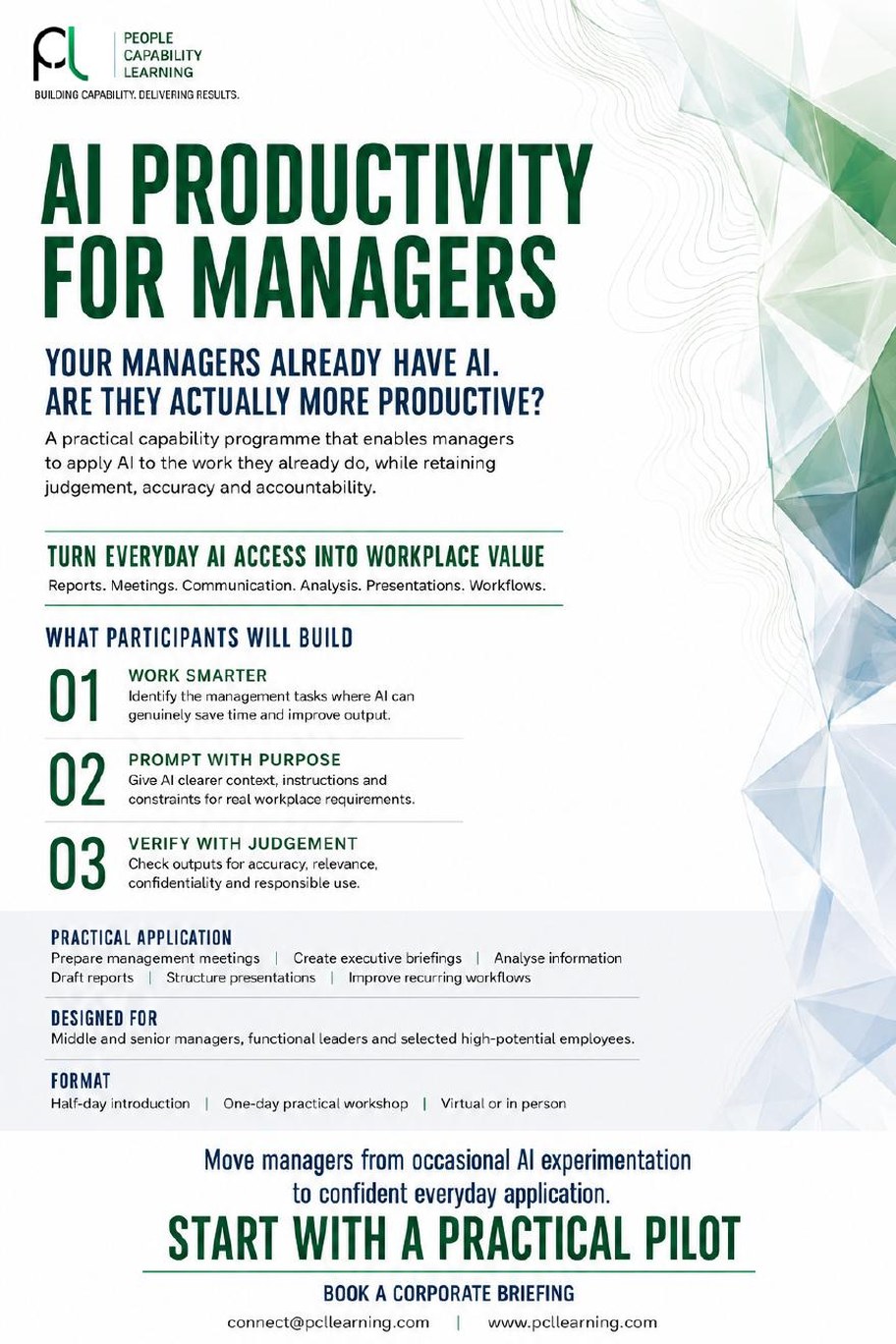 Preview of the AI Productivity for Managers programme overview document, shown at reduced clarity until the form is submitted